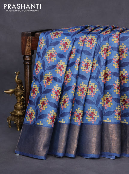 Pure tussar silk saree blue shade with allover floral prints and zari woven border