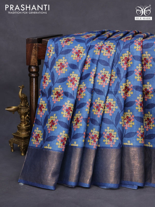 Pure tussar silk saree blue shade with allover floral prints and zari woven border