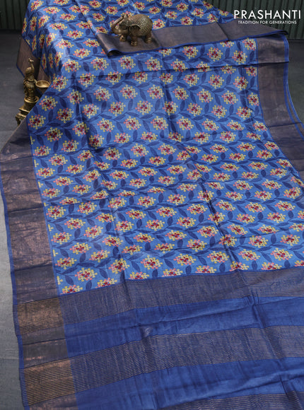 Pure tussar silk saree blue shade with allover floral prints and zari woven border