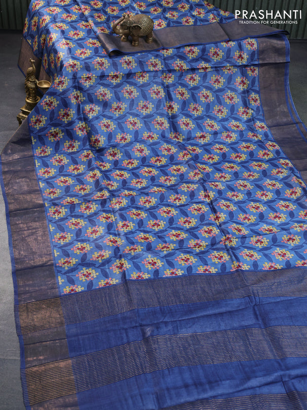 Pure tussar silk saree blue shade with allover floral prints and zari woven border