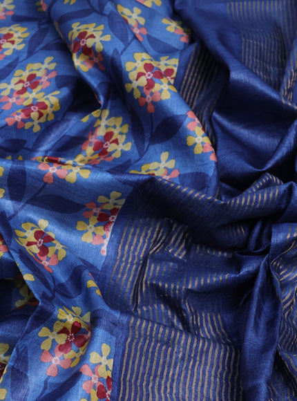 Pure tussar silk saree blue shade with allover floral prints and zari woven border