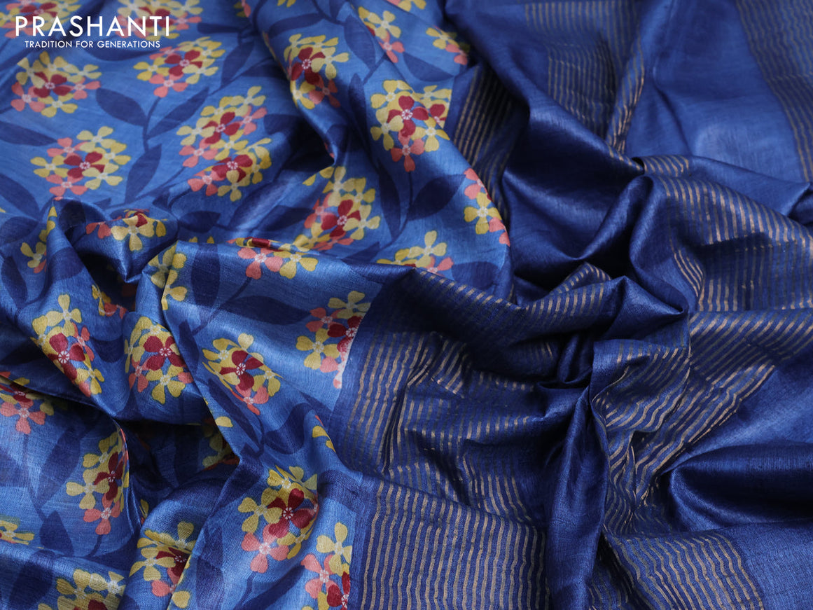 Pure tussar silk saree blue shade with allover floral prints and zari woven border