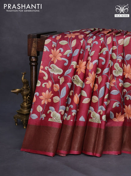 Pure tussar silk saree maroon with allover prints and zari woven border