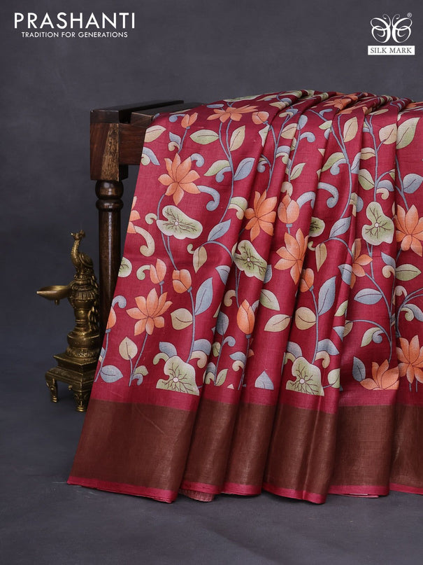 Pure tussar silk saree maroon with allover prints and zari woven border