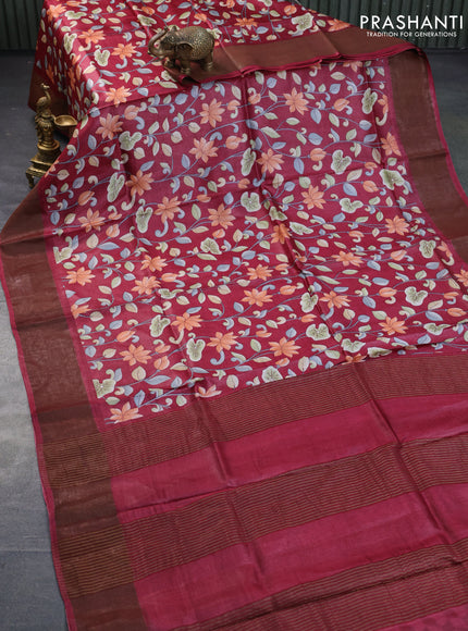 Pure tussar silk saree maroon with allover prints and zari woven border