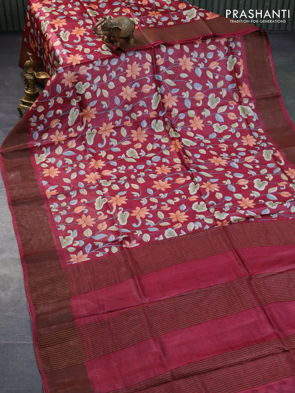 Pure tussar silk saree maroon with allover prints and zari woven border