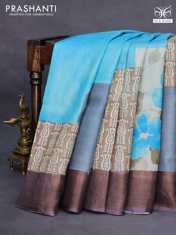 Pure tussar silk saree light blue and beige violet with hand painted prints and zari woven border