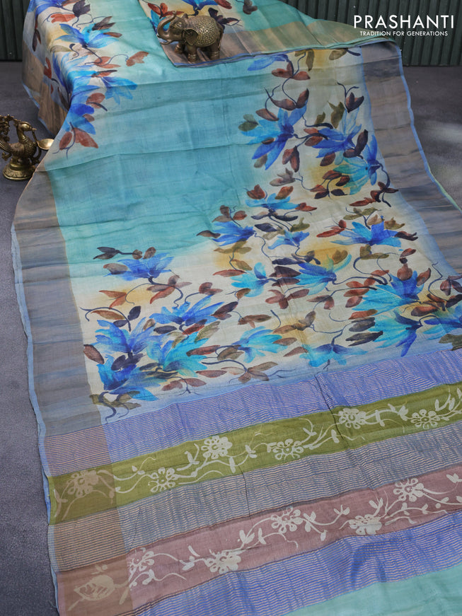 Pure tussar silk saree teal blue shade and greyish blue with floral design hand painted prints and zari woven border