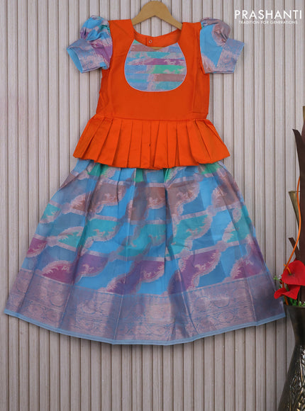 Banarasi kids lehenga orange and light blue with patch work neck pattern and thread zari weaves & woven border