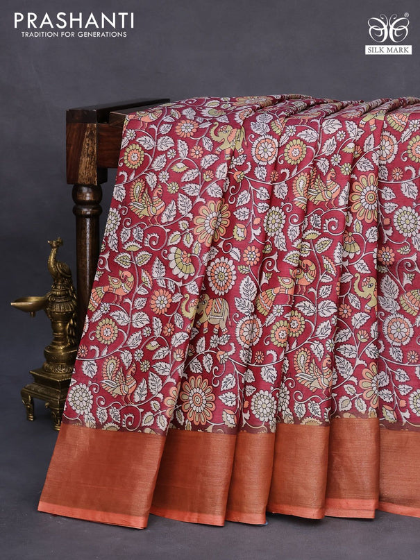 Pure tussar silk saree maroon and orange with allover kalamkari prints and zari woven border