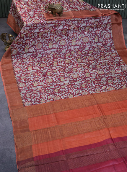 Pure tussar silk saree maroon and orange with allover kalamkari prints and zari woven border