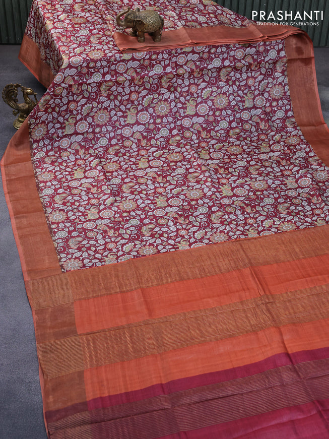 Pure tussar silk saree maroon and orange with allover kalamkari prints and zari woven border