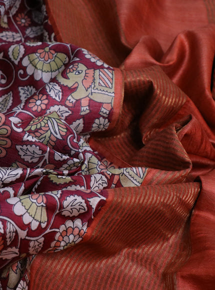 Pure tussar silk saree maroon and orange with allover kalamkari prints and zari woven border