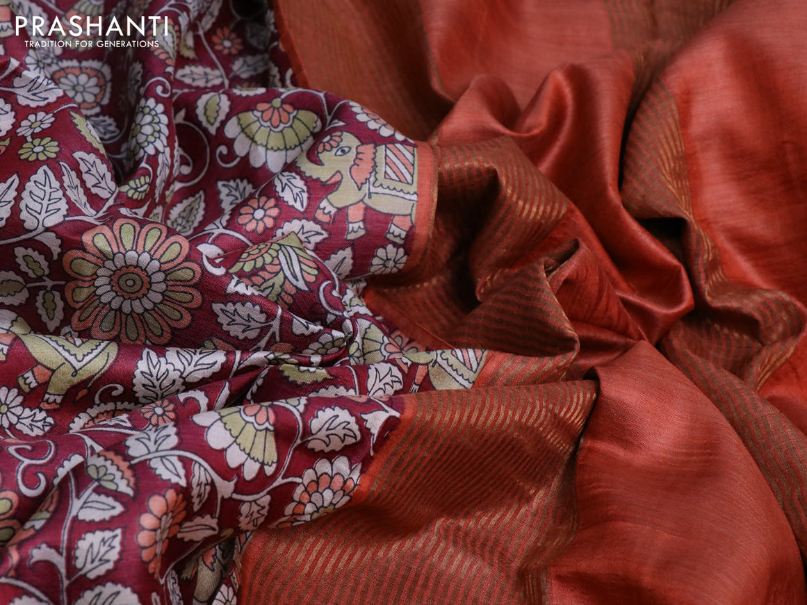 Pure tussar silk saree maroon and orange with allover kalamkari prints and zari woven border