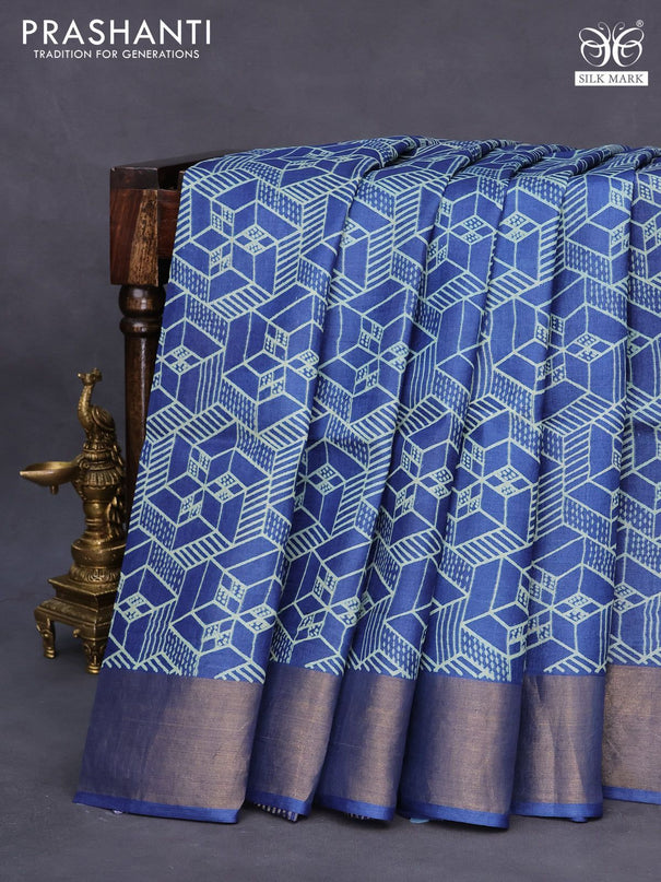 Pure tussar silk saree blue with allover prints and zari woven border