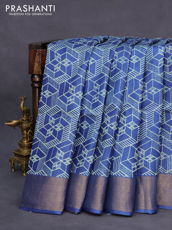 Pure tussar silk saree blue with allover prints and zari woven border