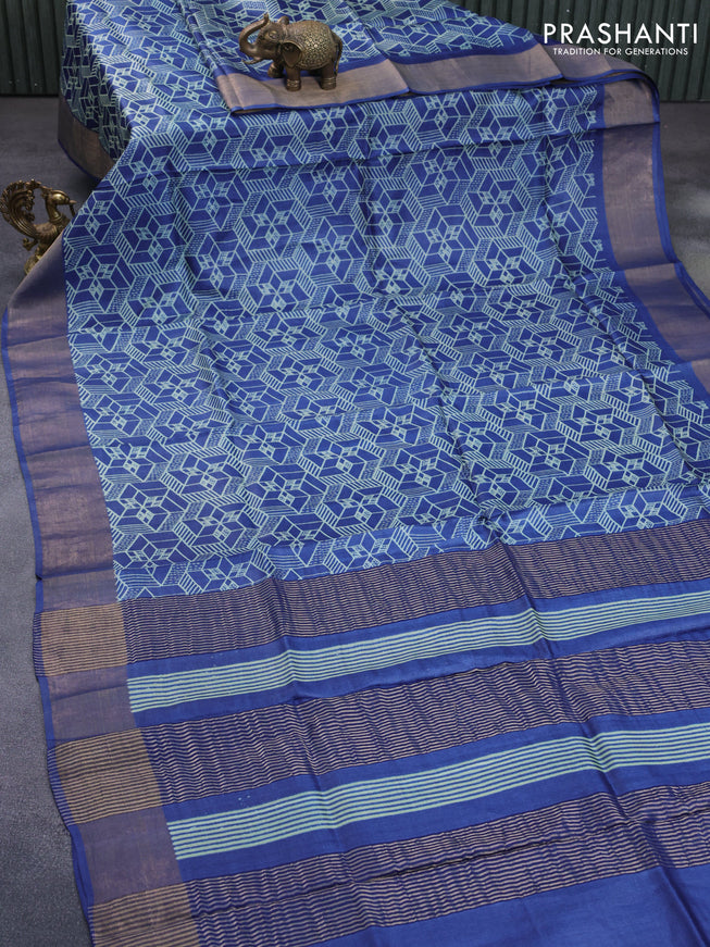 Pure tussar silk saree blue with allover prints and zari woven border