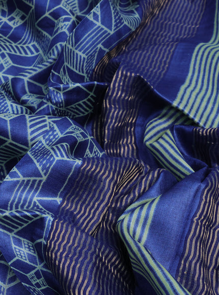 Pure tussar silk saree blue with allover prints and zari woven border