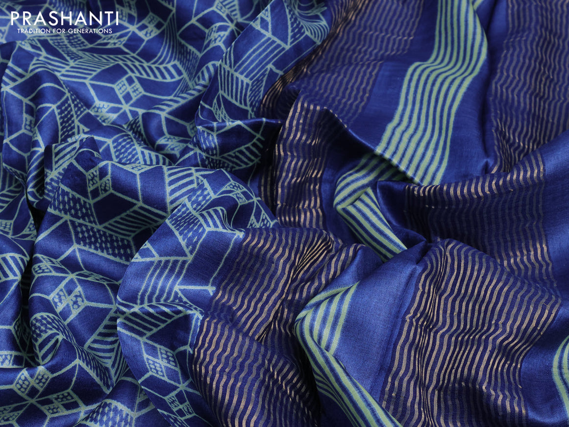 Pure tussar silk saree blue with allover prints and zari woven border