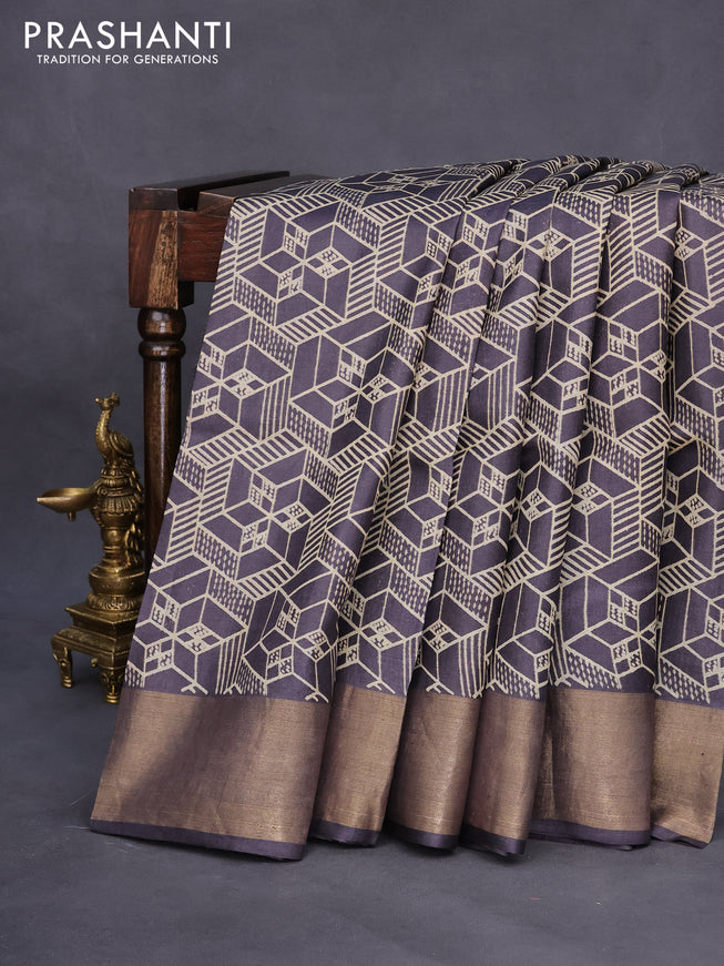 Pure tussar silk saree jamun shade with allover prints and zari woven border