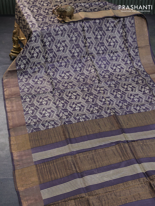 Pure tussar silk saree jamun shade with allover prints and zari woven border