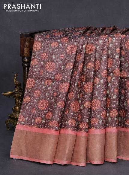 Pure tussar silk saree brown and peach pink with allover floral prints and zari woven border