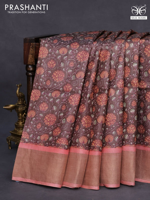 Pure tussar silk saree brown and peach pink with allover floral prints and zari woven border