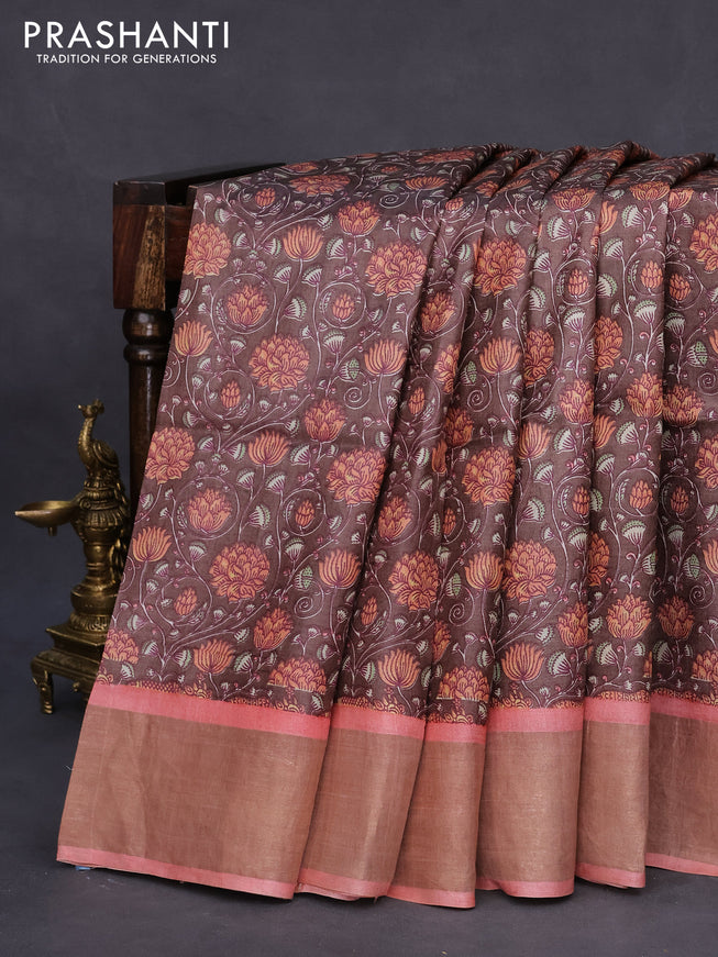 Pure tussar silk saree brown and peach pink with allover floral prints and zari woven border