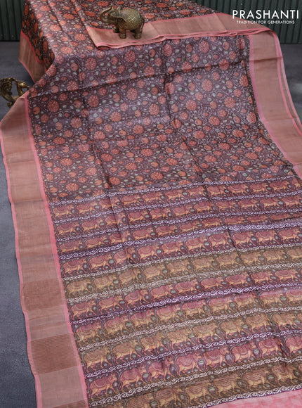 Pure tussar silk saree brown and peach pink with allover floral prints and zari woven border