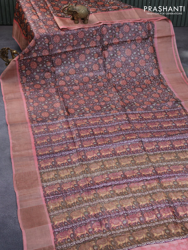 Pure tussar silk saree brown and peach pink with allover floral prints and zari woven border