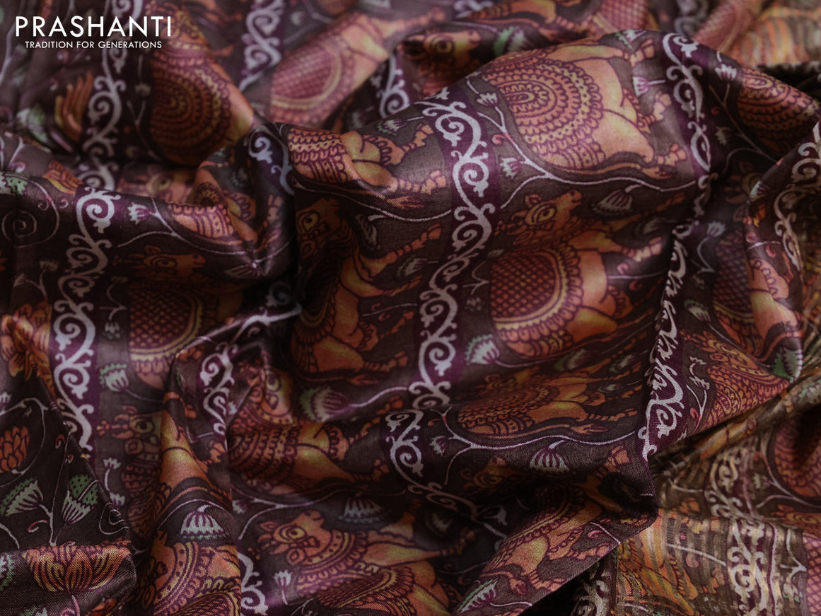 Pure tussar silk saree brown and peach pink with allover floral prints and zari woven border