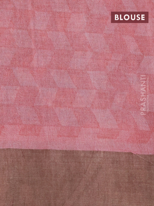 Pure tussar silk saree brown and peach pink with allover floral prints and zari woven border