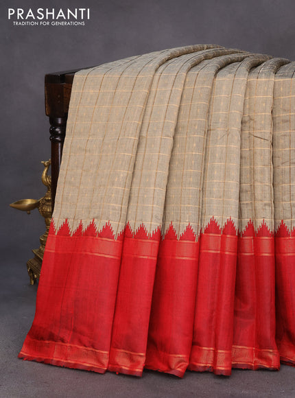 Pure dupion silk saree beige and maroon with allover zari checks & buttas and temple design zari woven rettapet border