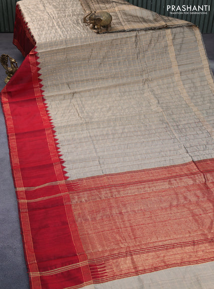 Pure dupion silk saree beige and maroon with allover zari checks & buttas and temple design zari woven rettapet border