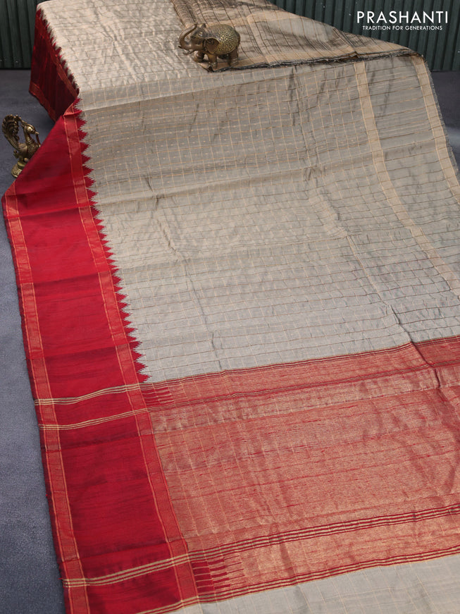 Pure dupion silk saree beige and maroon with allover zari checks & buttas and temple design zari woven rettapet border