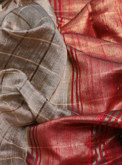 Pure dupion silk saree beige and maroon with allover zari checks & buttas and temple design zari woven rettapet border