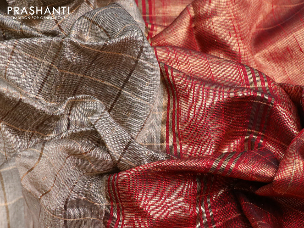 Pure dupion silk saree beige and maroon with allover zari checks & buttas and temple design zari woven rettapet border