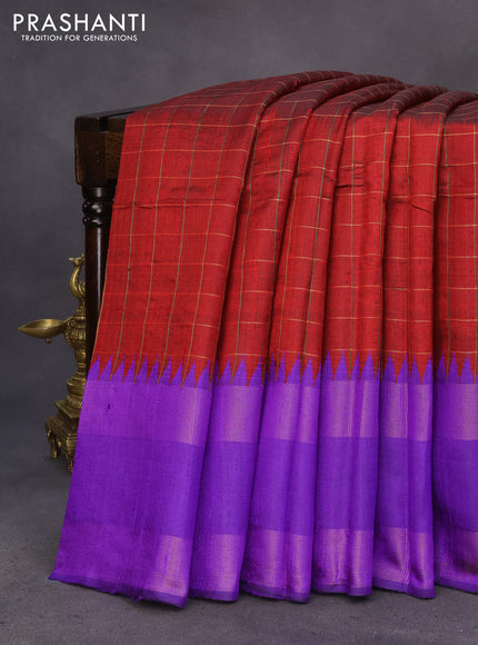 Pure dupion silk saree maroon and violet with allover zari checked pattern and temple design zari woven rettapet border