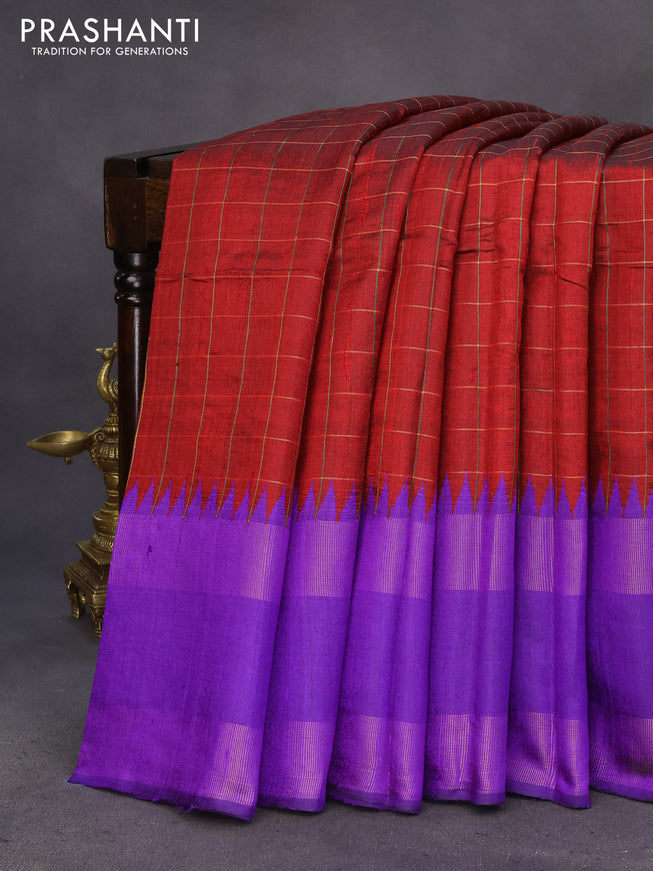 Pure dupion silk saree maroon and violet with allover zari checked pattern and temple design zari woven rettapet border