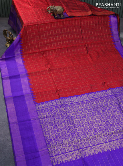 Pure dupion silk saree maroon and violet with allover zari checked pattern and temple design zari woven rettapet border