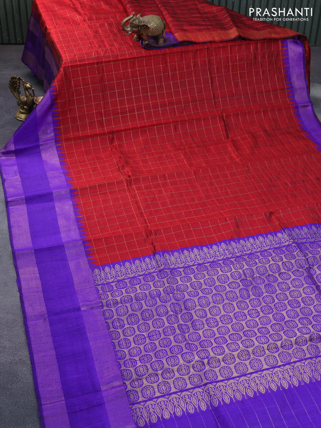 Pure dupion silk saree maroon and violet with allover zari checked pattern and temple design zari woven rettapet border