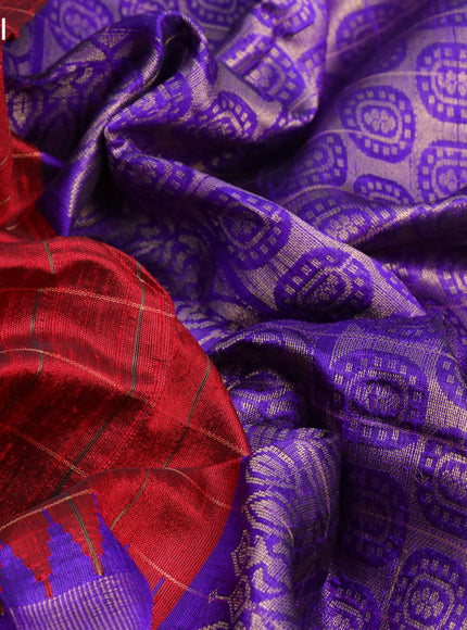 Pure dupion silk saree maroon and violet with allover zari checked pattern and temple design zari woven rettapet border