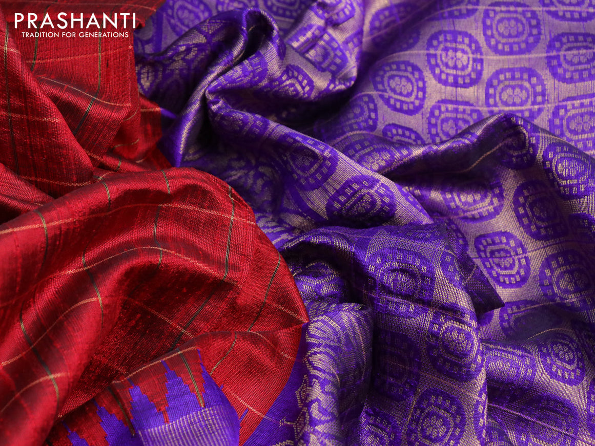 Pure dupion silk saree maroon and violet with allover zari checked pattern and temple design zari woven rettapet border