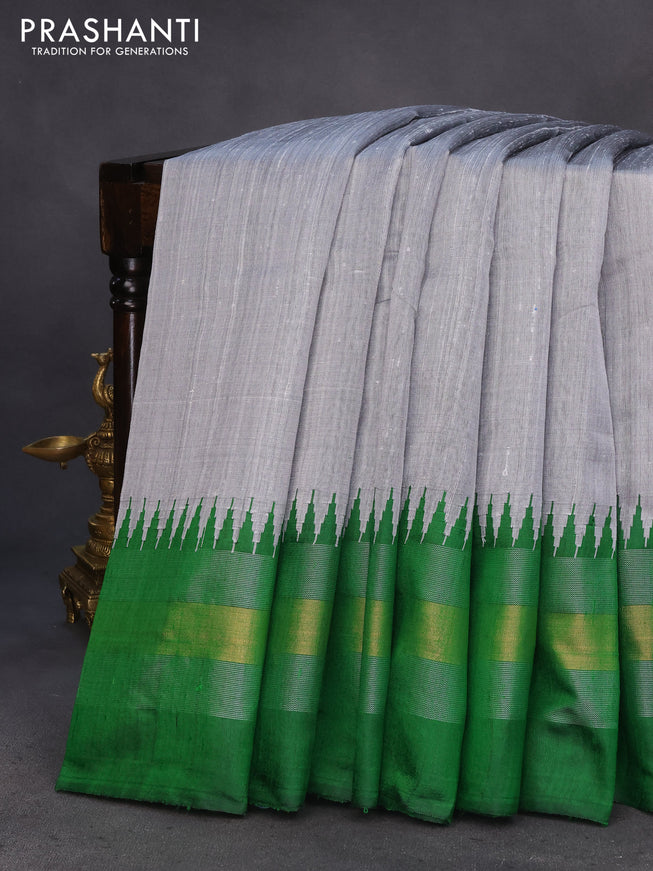 Pure dupion silk saree grey and green with plain body and temple design zari woven border