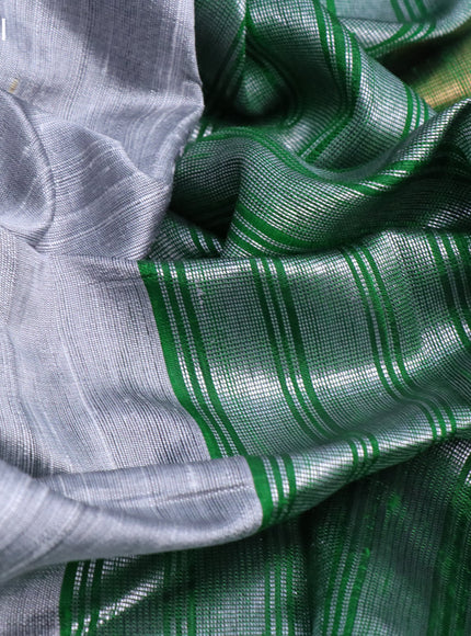 Pure dupion silk saree grey and green with plain body and temple design zari woven border