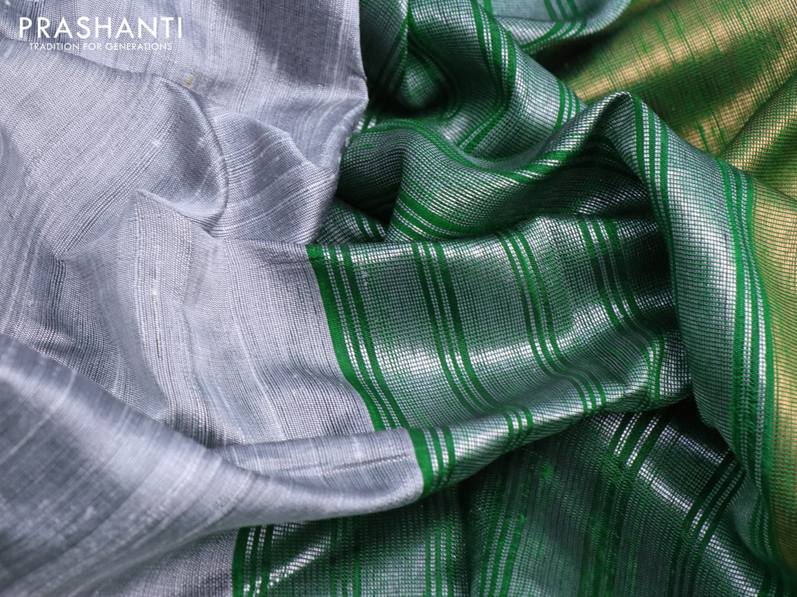 Pure dupion silk saree grey and green with plain body and temple design zari woven border