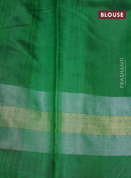 Pure dupion silk saree grey and green with plain body and temple design zari woven border