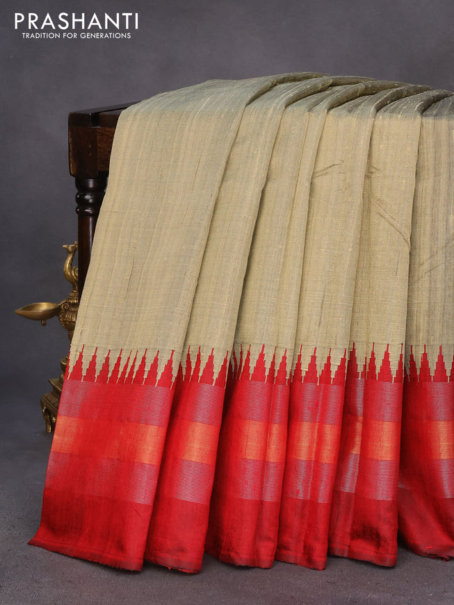 Pure dupion silk saree beige and maroon with plain body and temple design ganga jamuna border