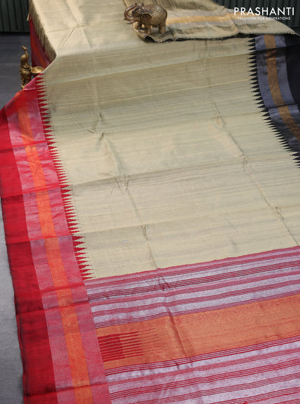 Pure dupion silk saree beige and maroon with plain body and temple design ganga jamuna border