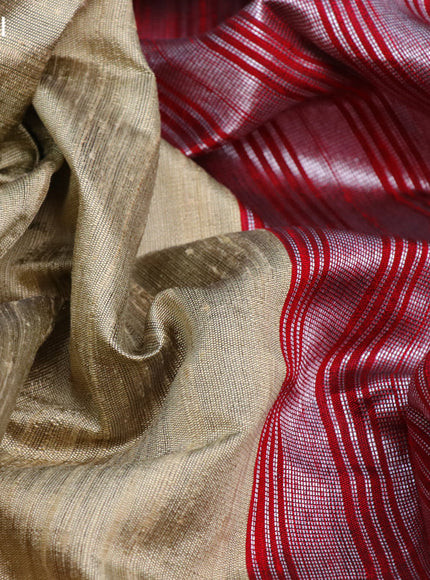 Pure dupion silk saree beige and maroon with plain body and temple design ganga jamuna border